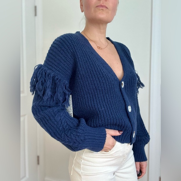 Fringe Trim Heavy Knit V-neck Cardigan - Picture 4 of 9